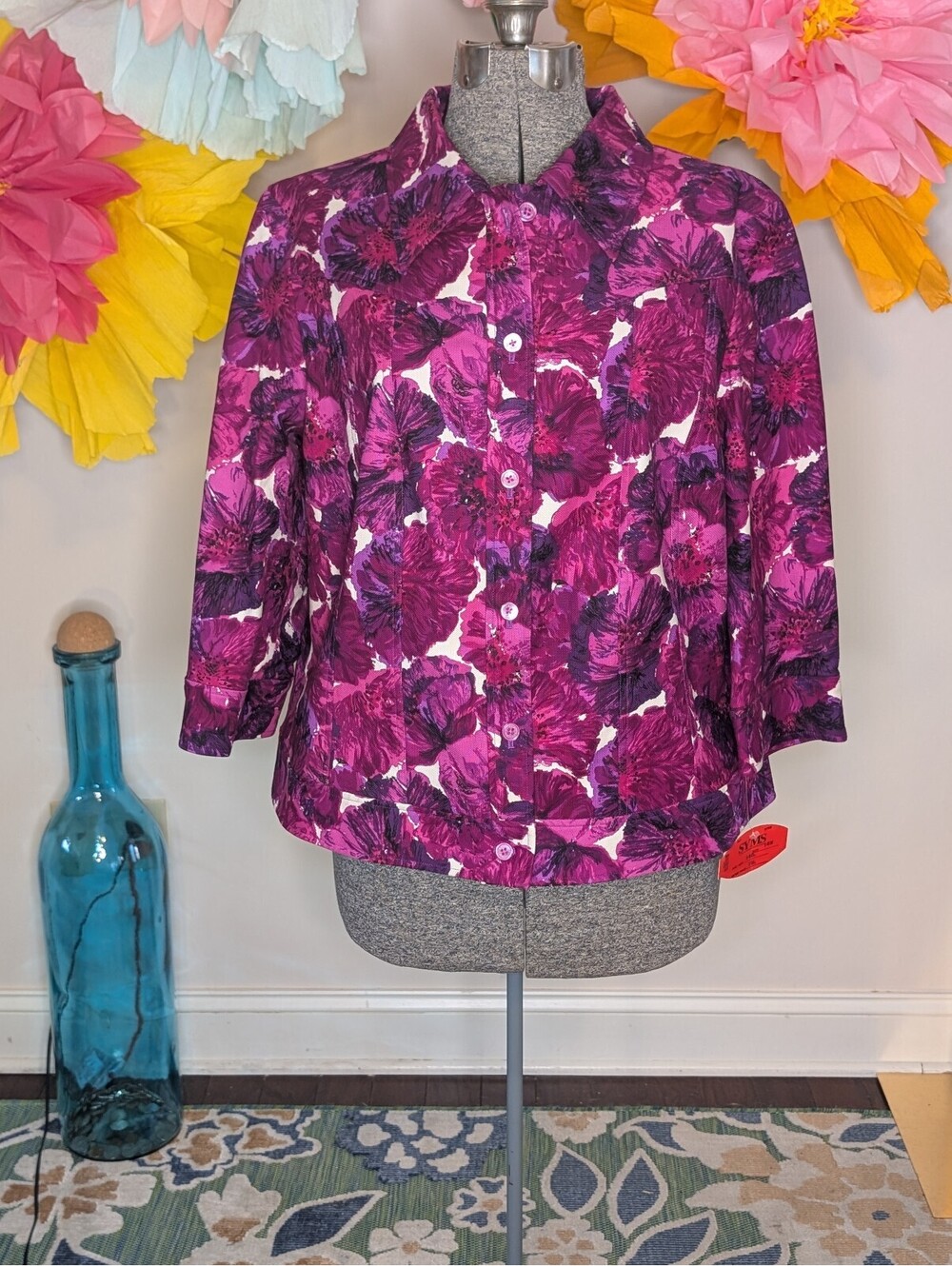 2056 - Dana Buchman Woman Purple Floral Button-Up Denim Shacket Size 16